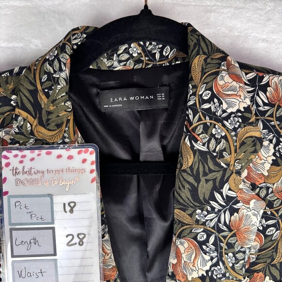 ZARA Woman Floral Tapestry Blazer Jacket Longline Single Button Size SX - Picture 9 of 9